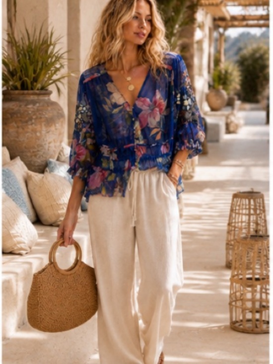 Johnny Was Tops - Johnny Was Embroidered Blue Floral Mesh Mazzy Embroidered Blouse Blue Size S